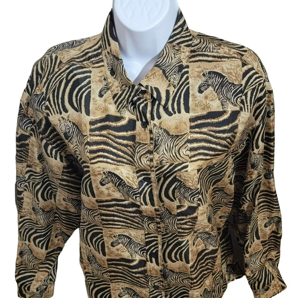 VTG K Arnold Women's Large 100% Silk Brown, Black & White Zebra Print Blouse EUC